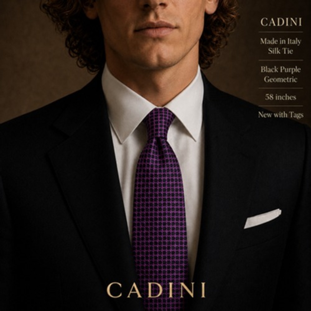Cadini Tie Mens One Size Purple Black Geometric Silk Skinny Made Italy NWT